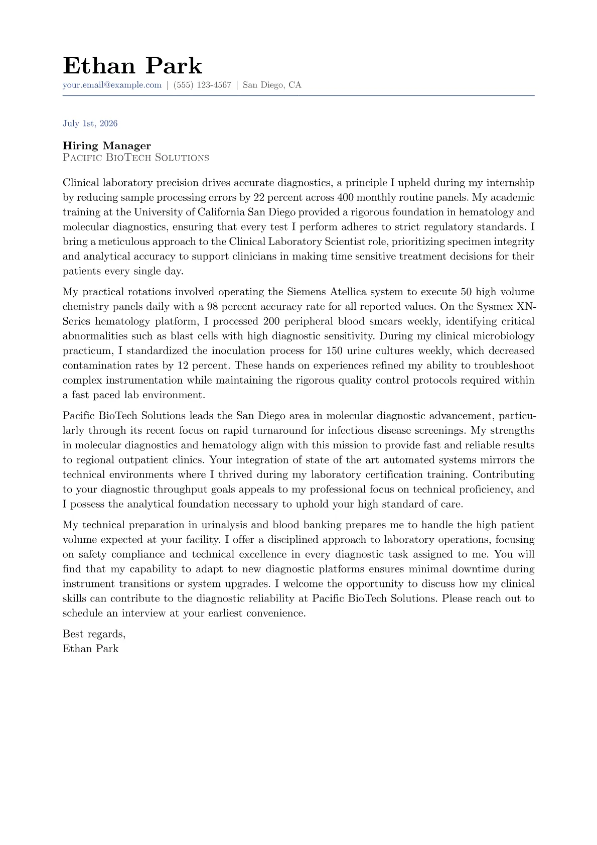 Clinical Laboratory Scientist cover letter in the Classic design