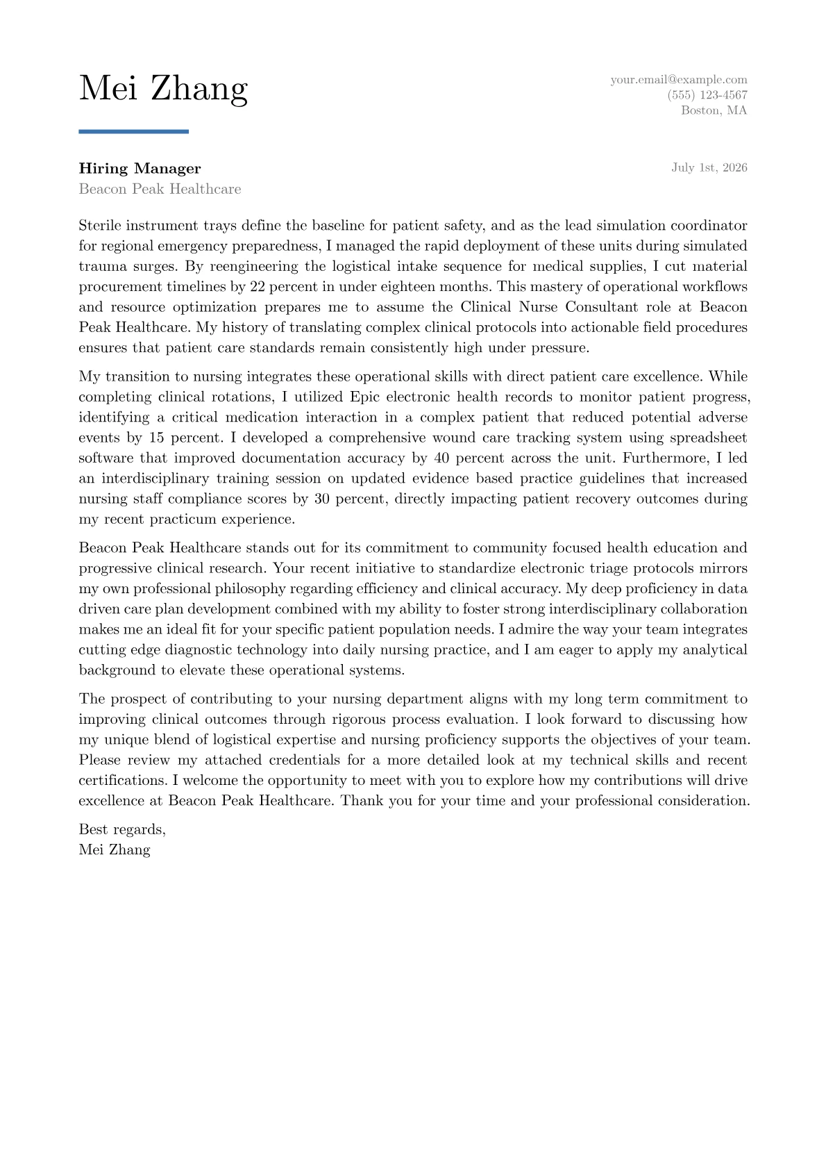 Clinical Nurse Consultant cover letter in the Executive design