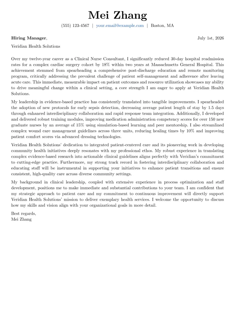Clinical Nurse Consultant cover letter example preview