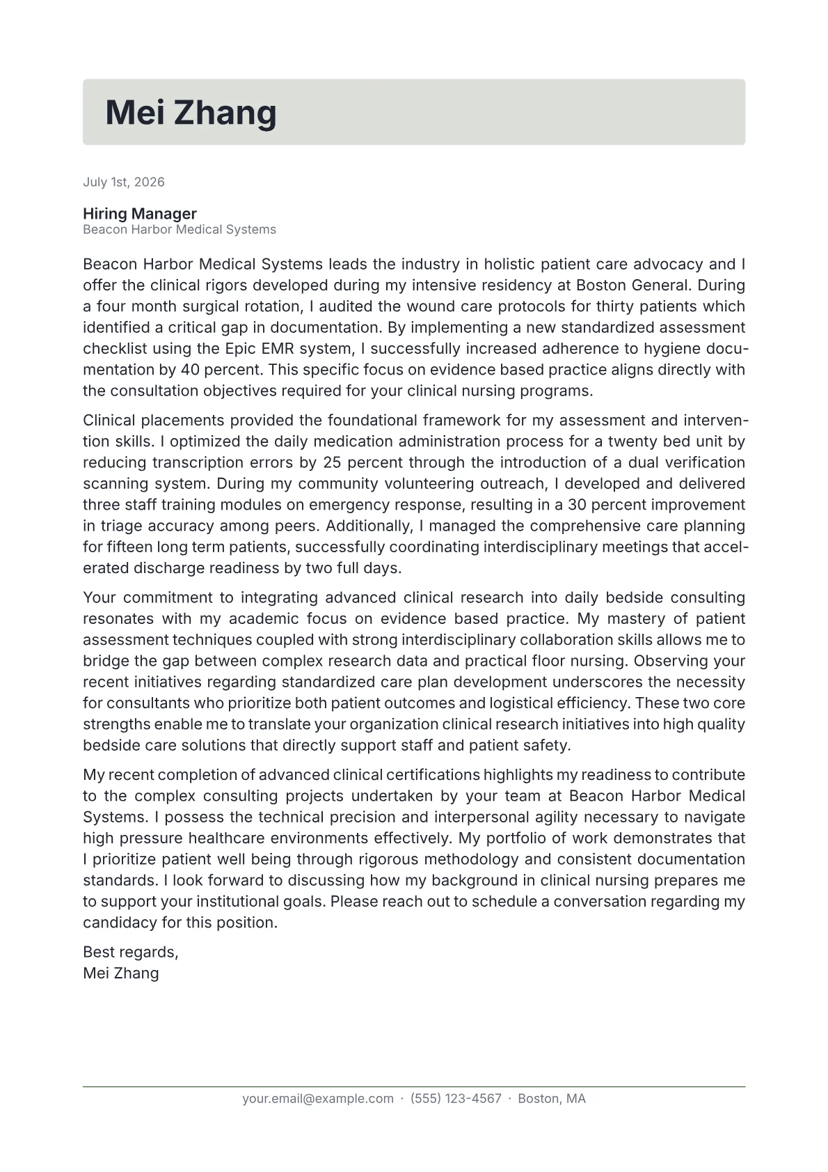 Clinical Nurse Consultant cover letter in the Letterhead design