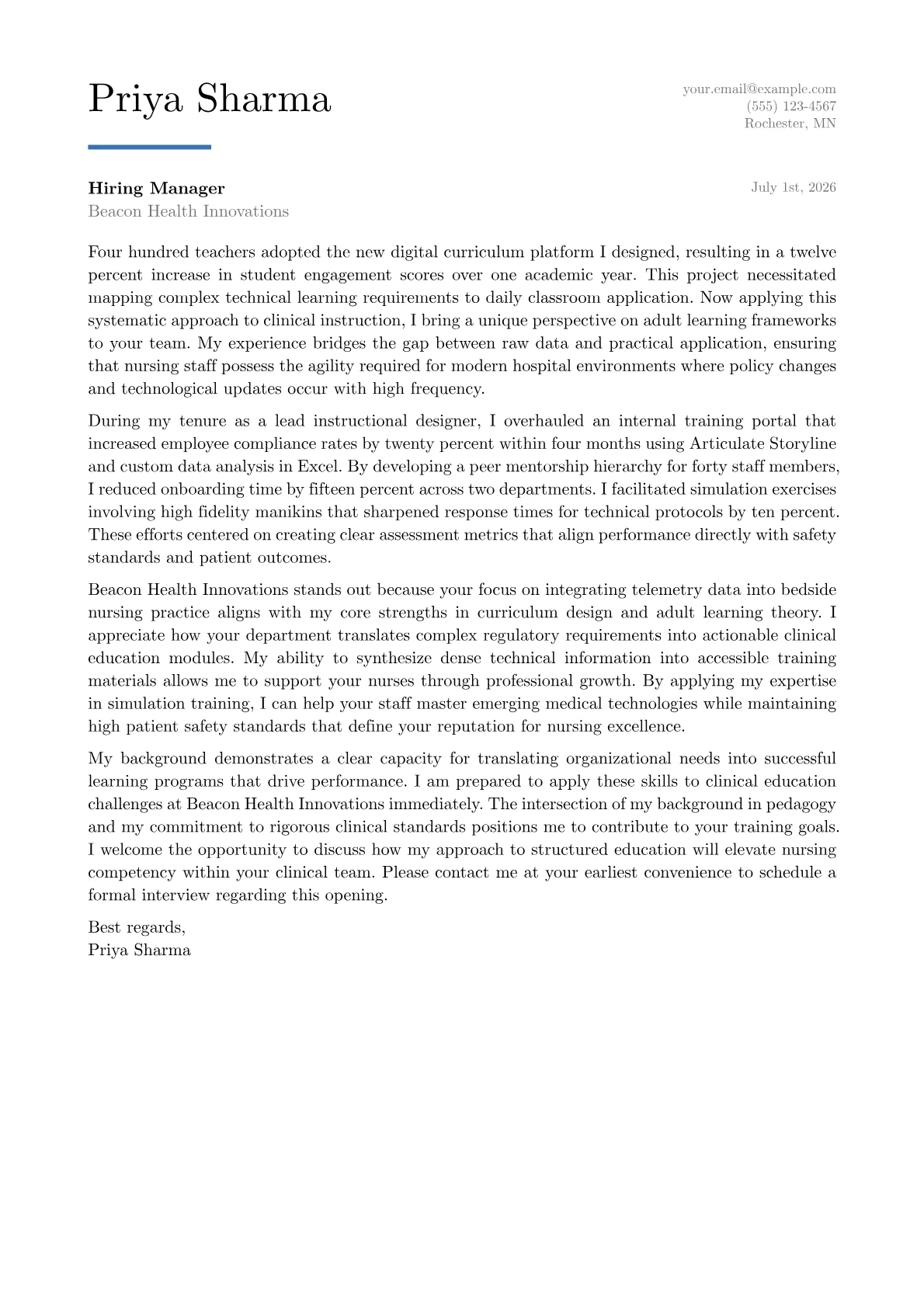 Clinical Nurse Educator cover letter in the Executive design