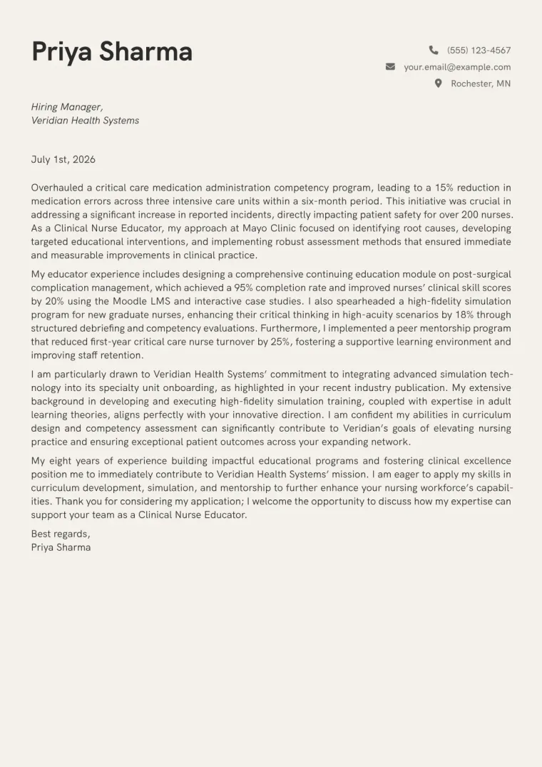 Clinical Nurse Educator cover letter example preview