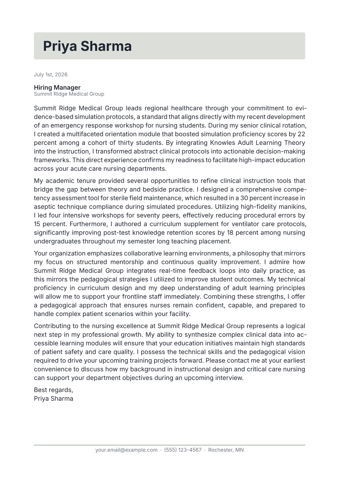 Clinical Nurse Educator cover letter in the Letterhead design