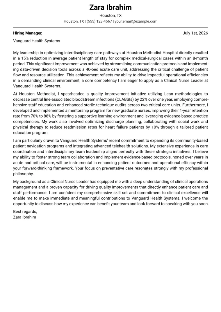 Clinical Nurse Leader cover letter example preview