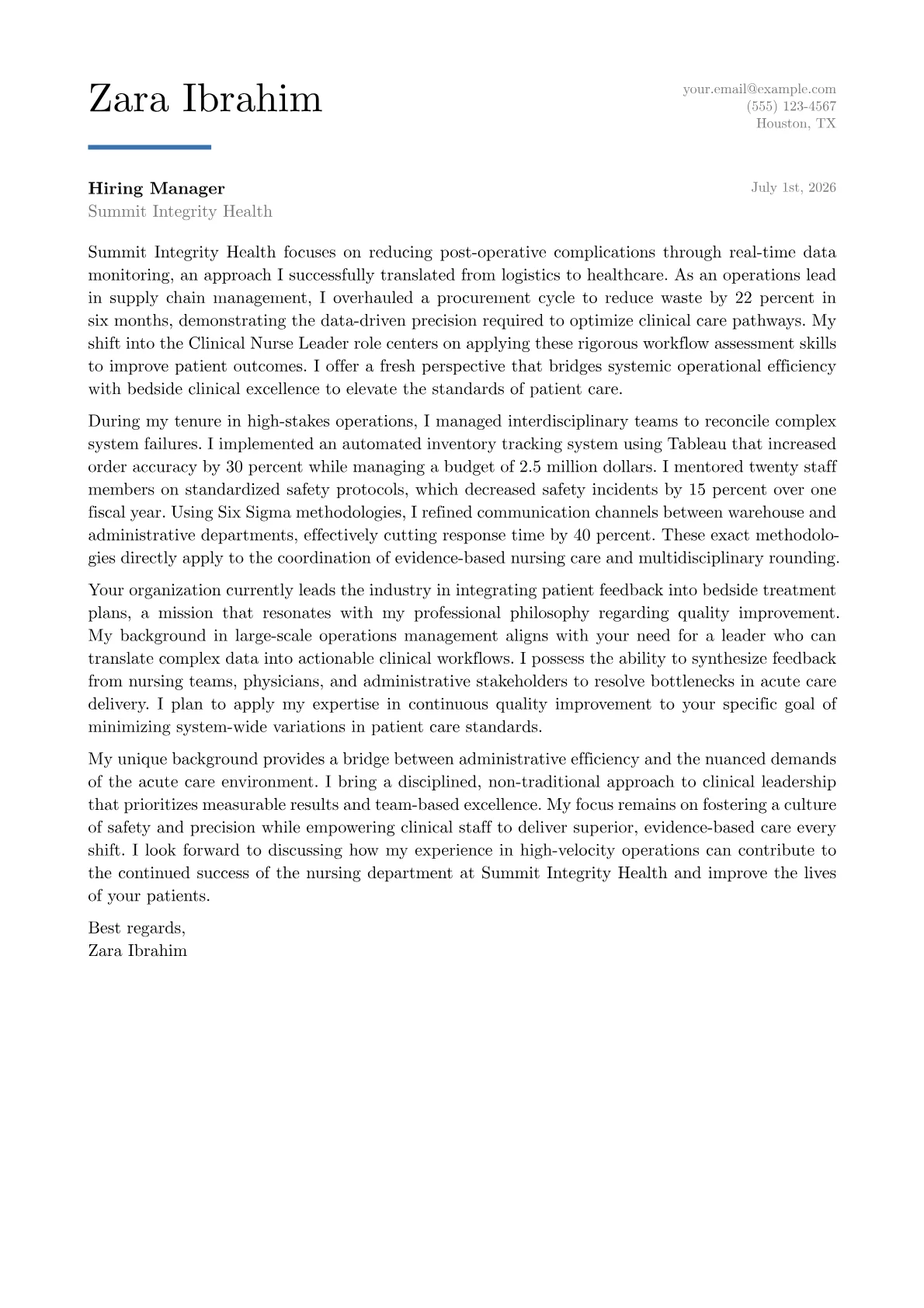 Clinical Nurse Leader cover letter in the Executive design