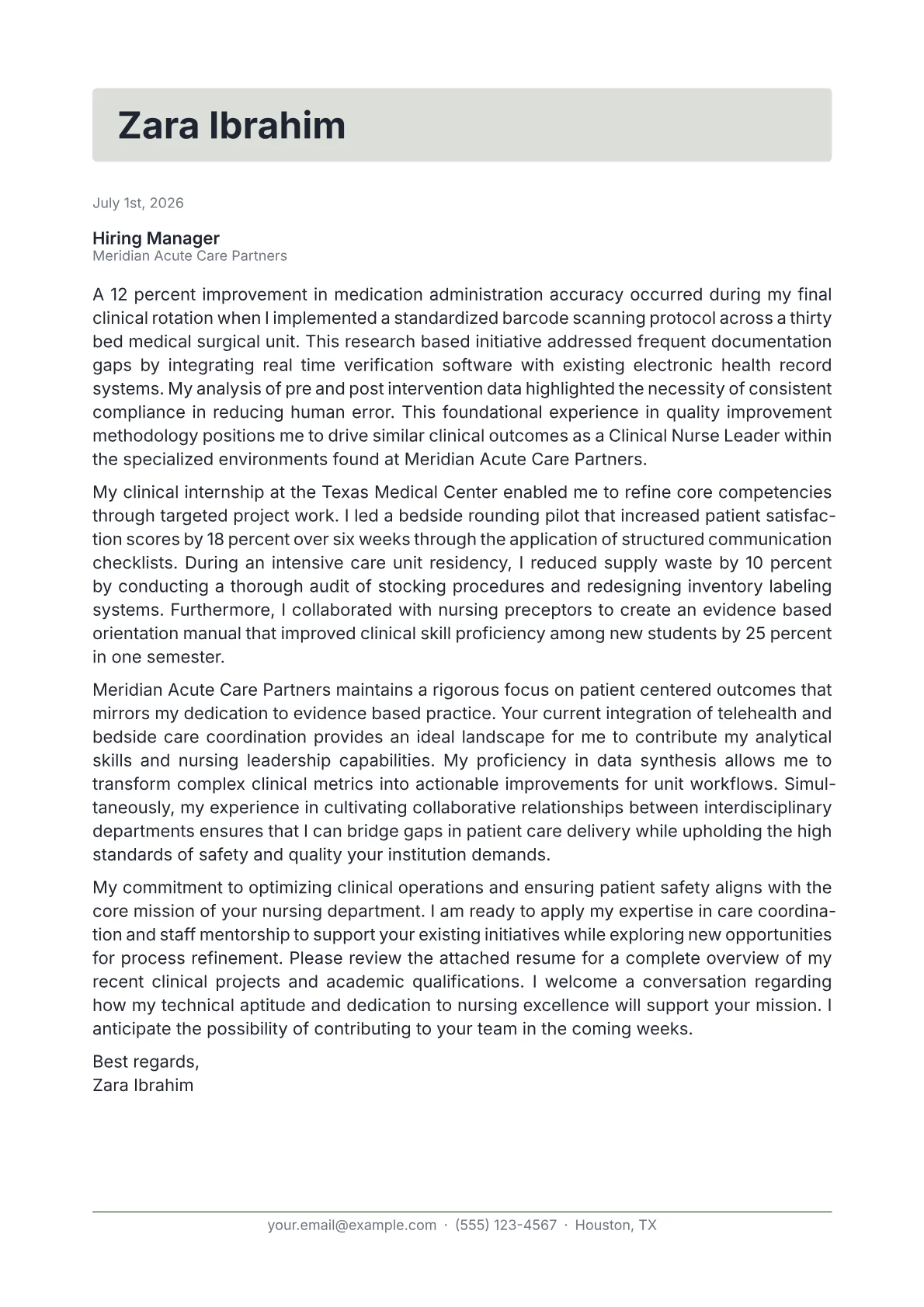 Clinical Nurse Leader cover letter in the Letterhead design