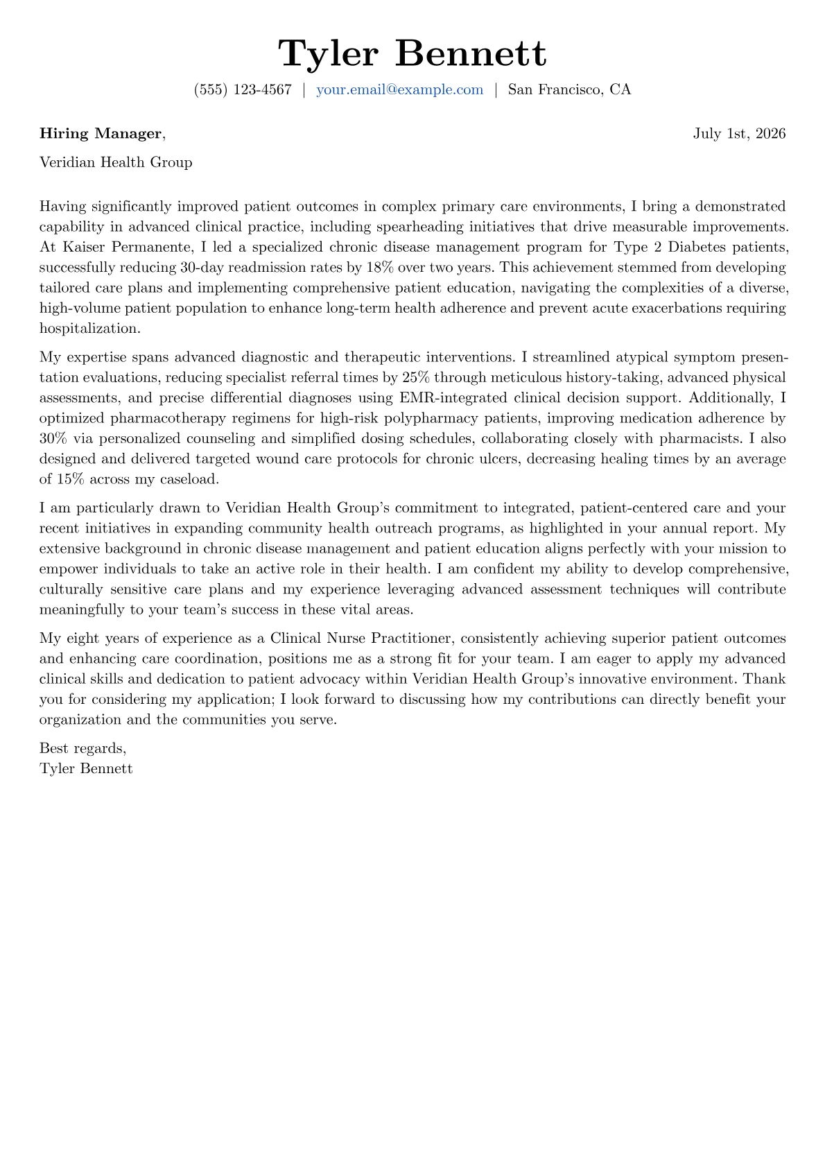 Clinical Nurse Practitioner cover letter formatted with a JobSprout template
