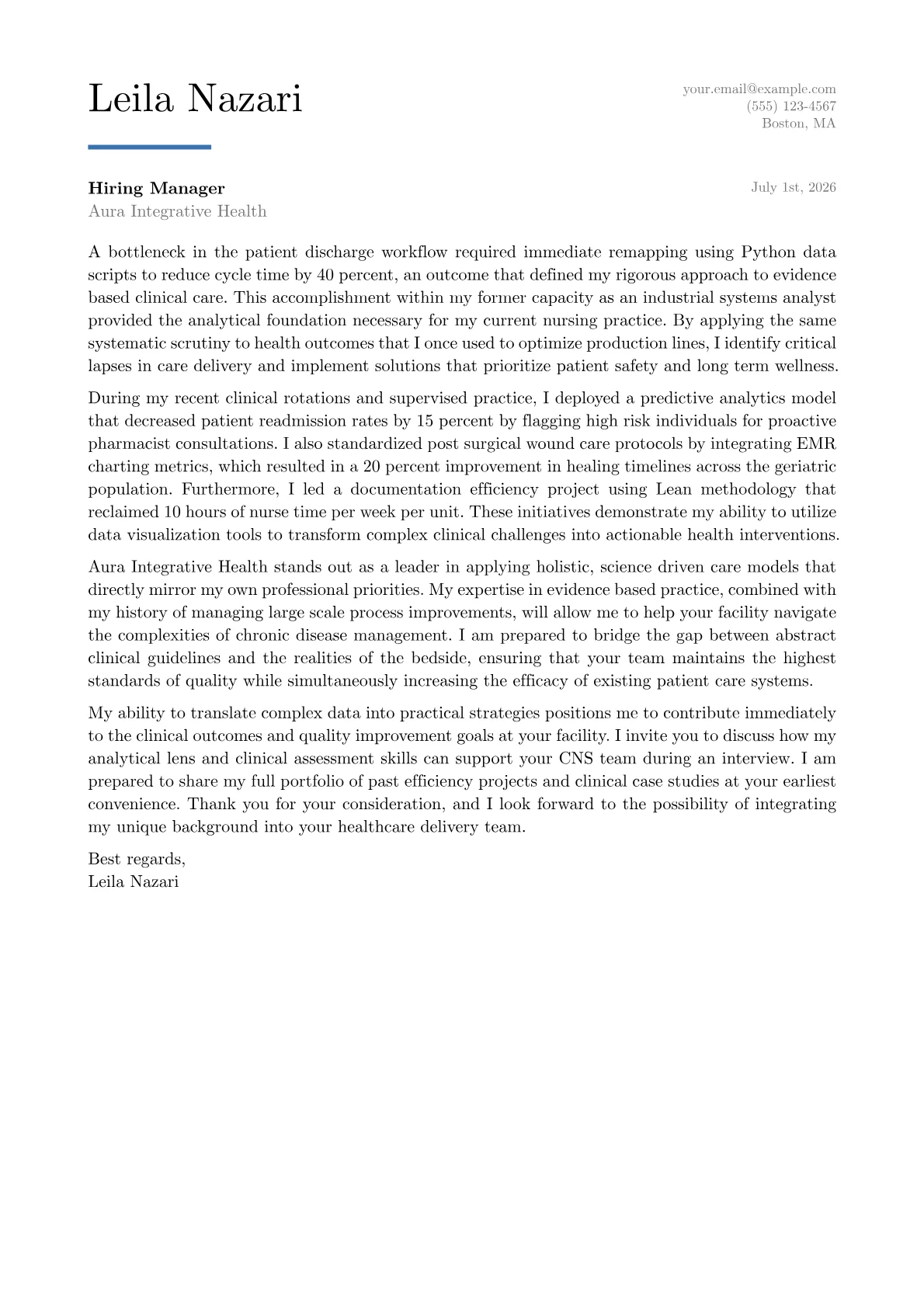 Clinical Nurse Specialist cover letter in the Executive design