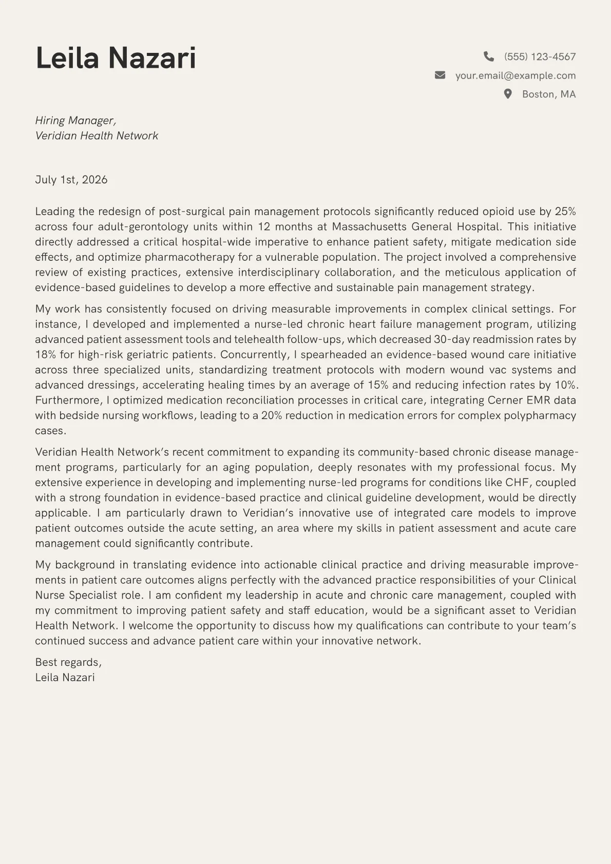 Clinical Nurse Specialist cover letter formatted with a JobSprout template