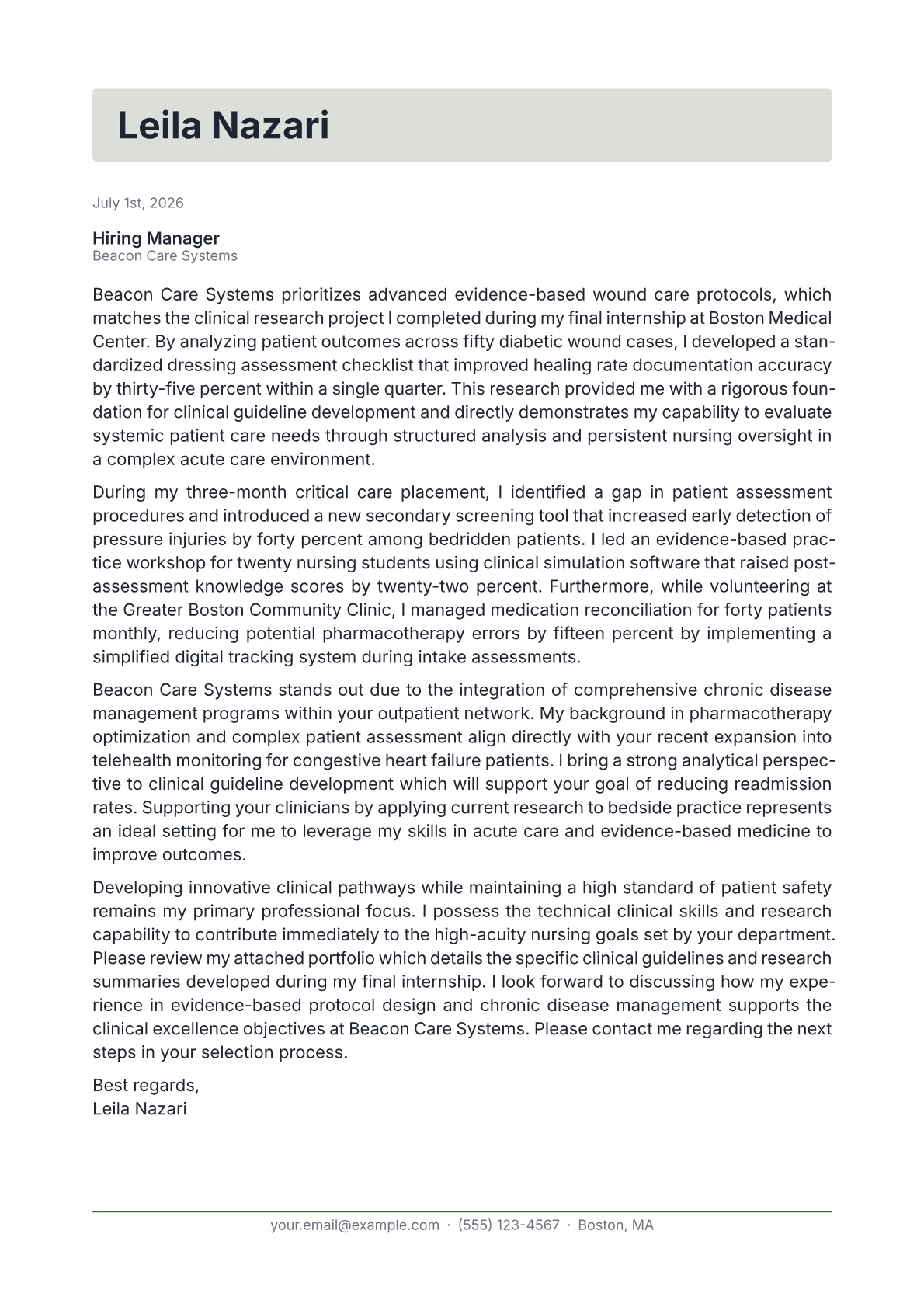 Clinical Nurse Specialist cover letter in the Letterhead design