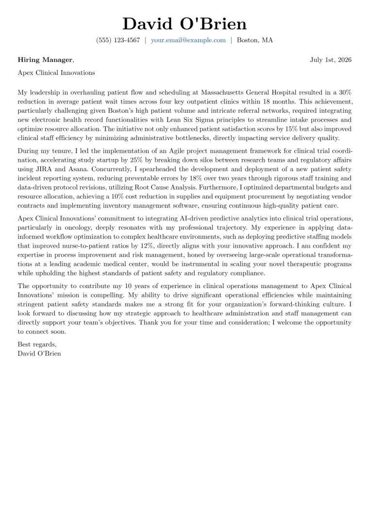 Clinical Operations Manager Cover Letter Example