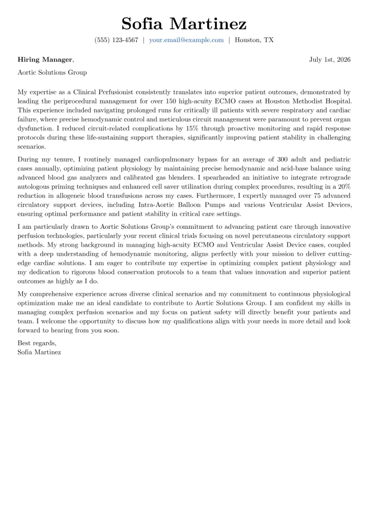 Clinical Perfusionist Cover Letter Example