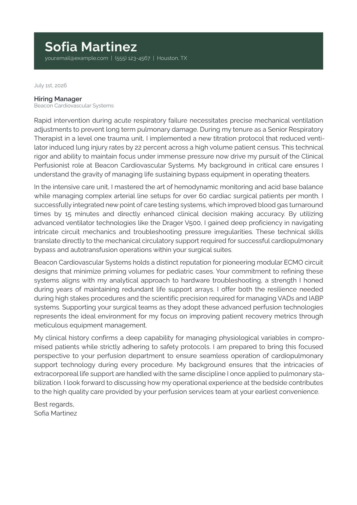 Clinical Perfusionist cover letter in the Banner design