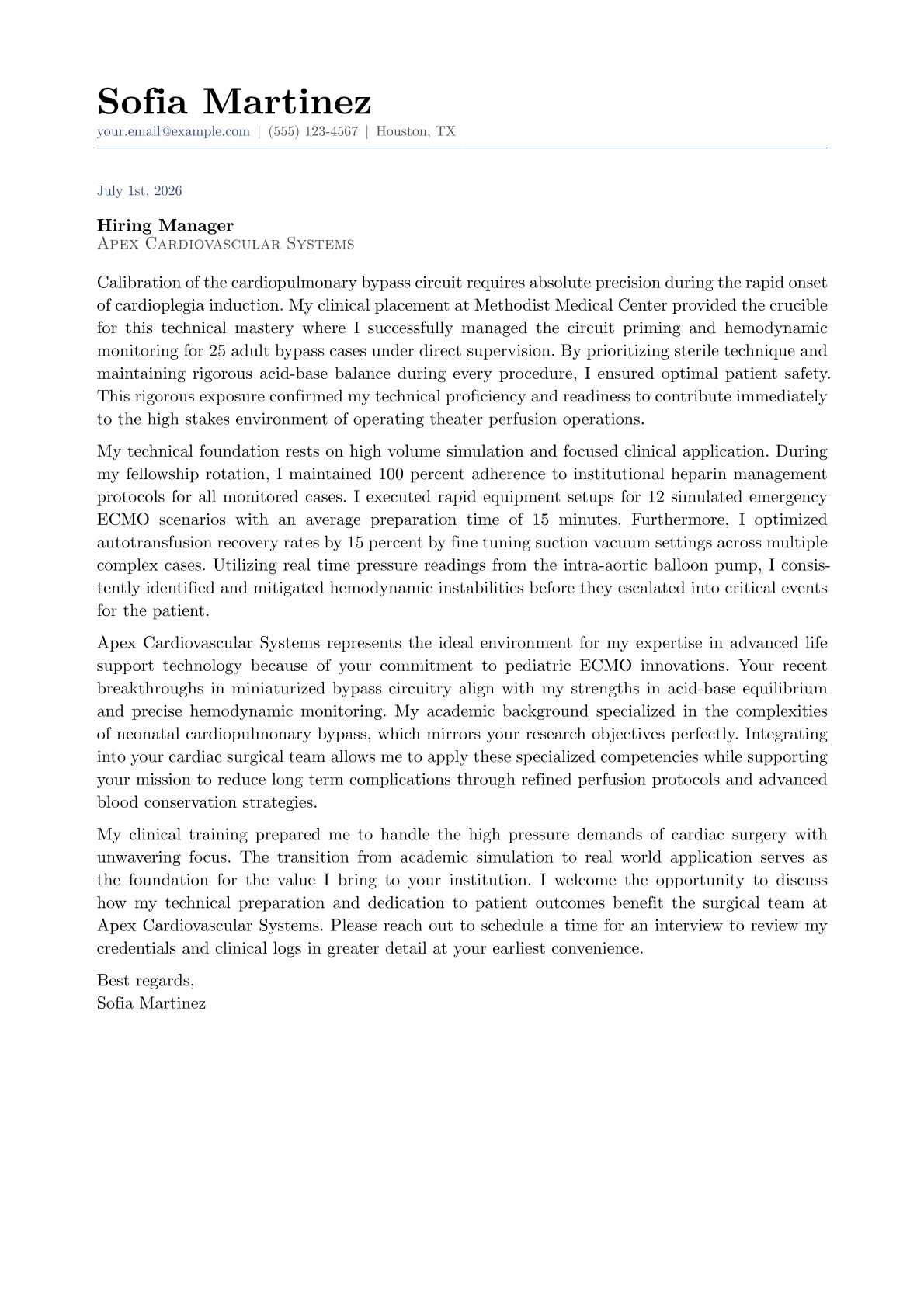 Clinical Perfusionist cover letter in the Classic design