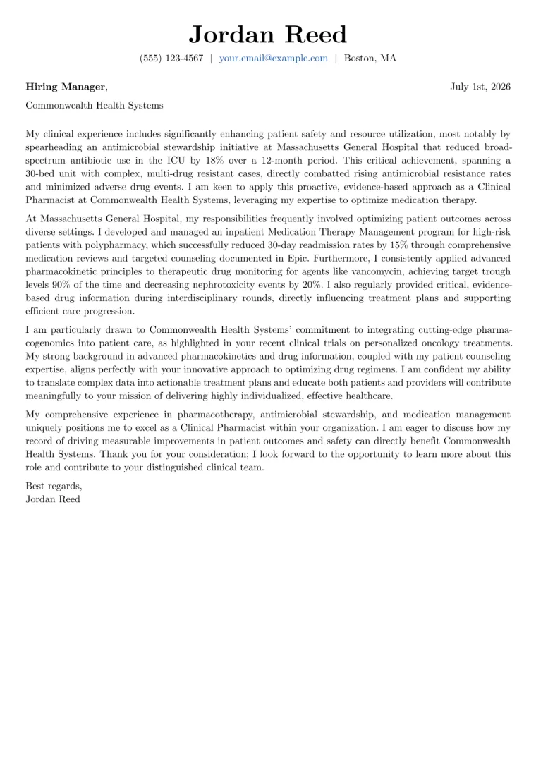 Clinical Pharmacist cover letter example preview
