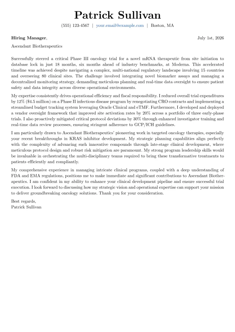Clinical Program Manager cover letter example preview