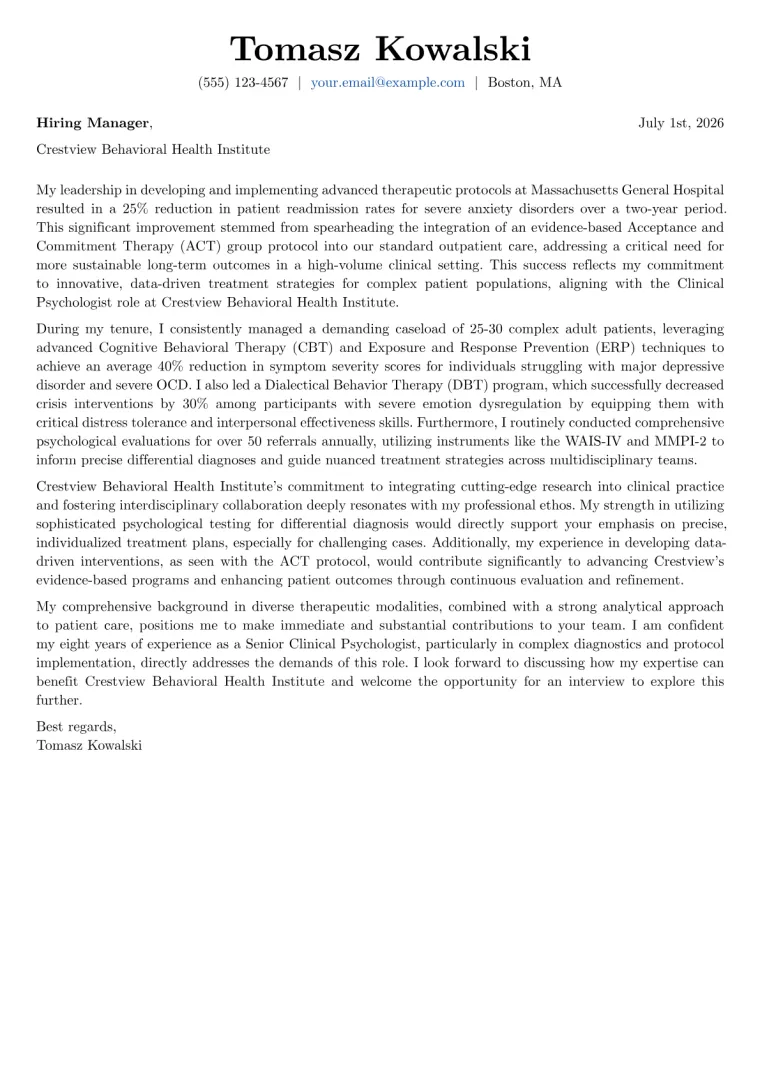 Clinical Psychologist Cover Letter Example