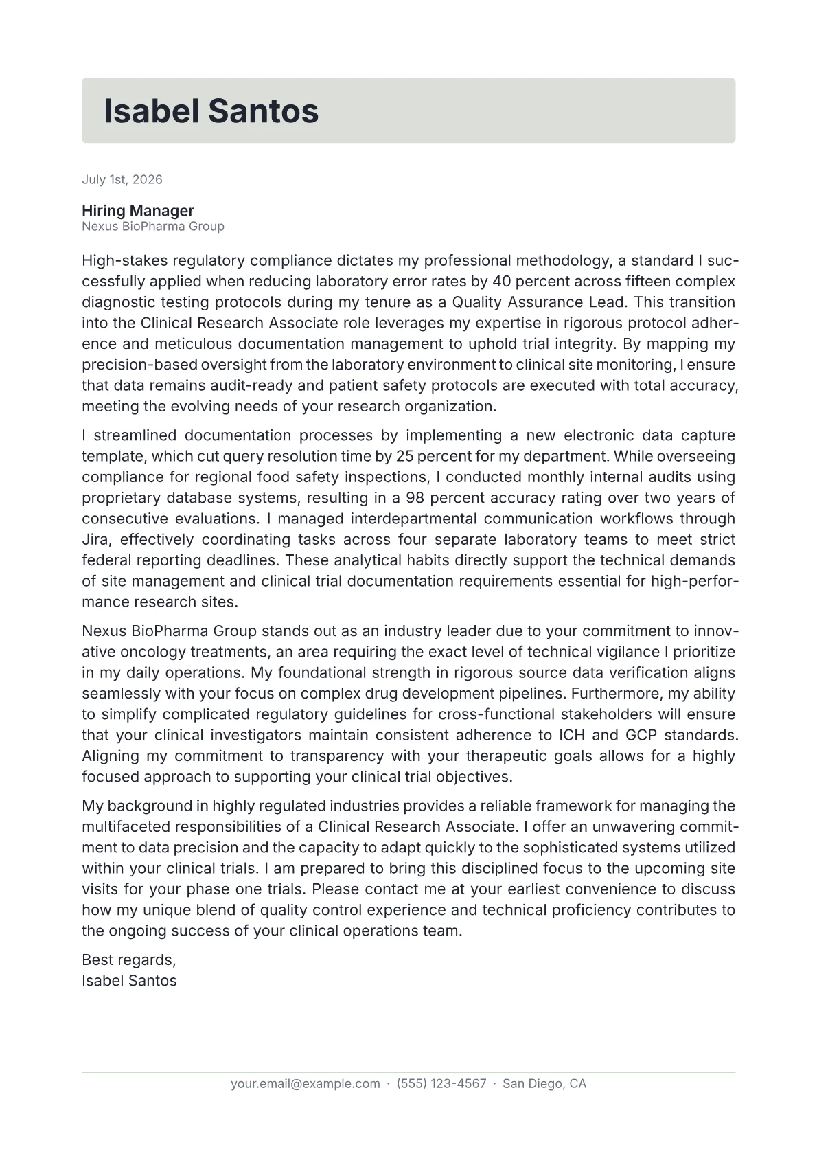 Clinical Research Associate cover letter in the Letterhead design
