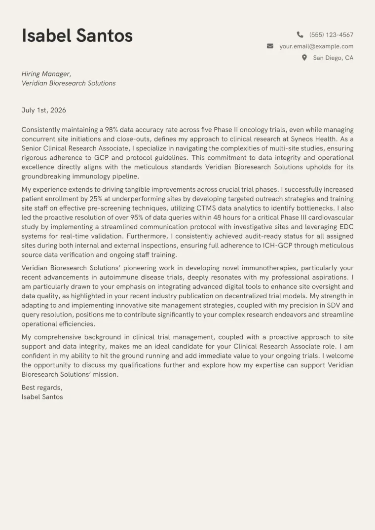 Clinical Research Associate Cover Letter Example
