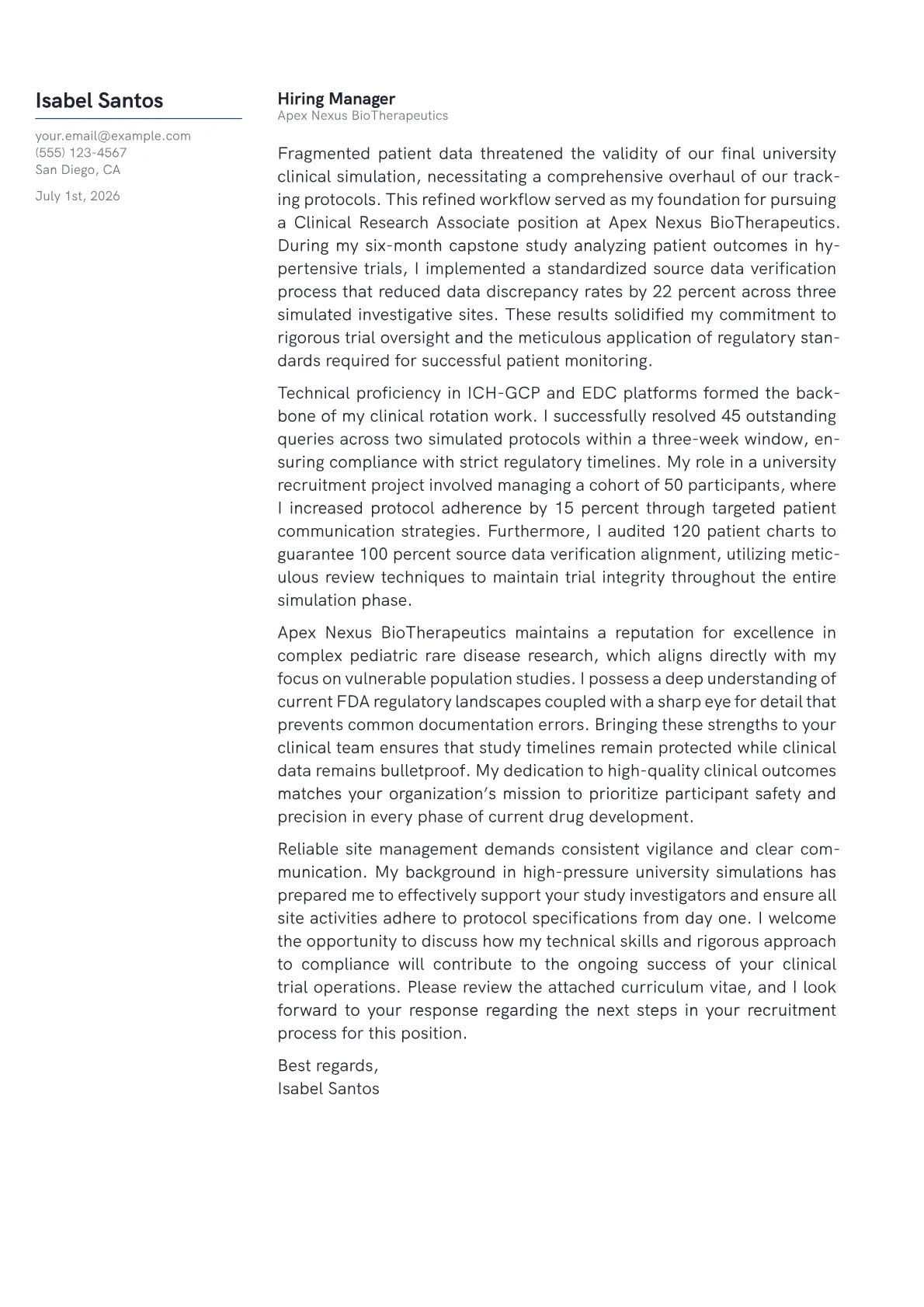 Clinical Research Associate cover letter in the Margin design