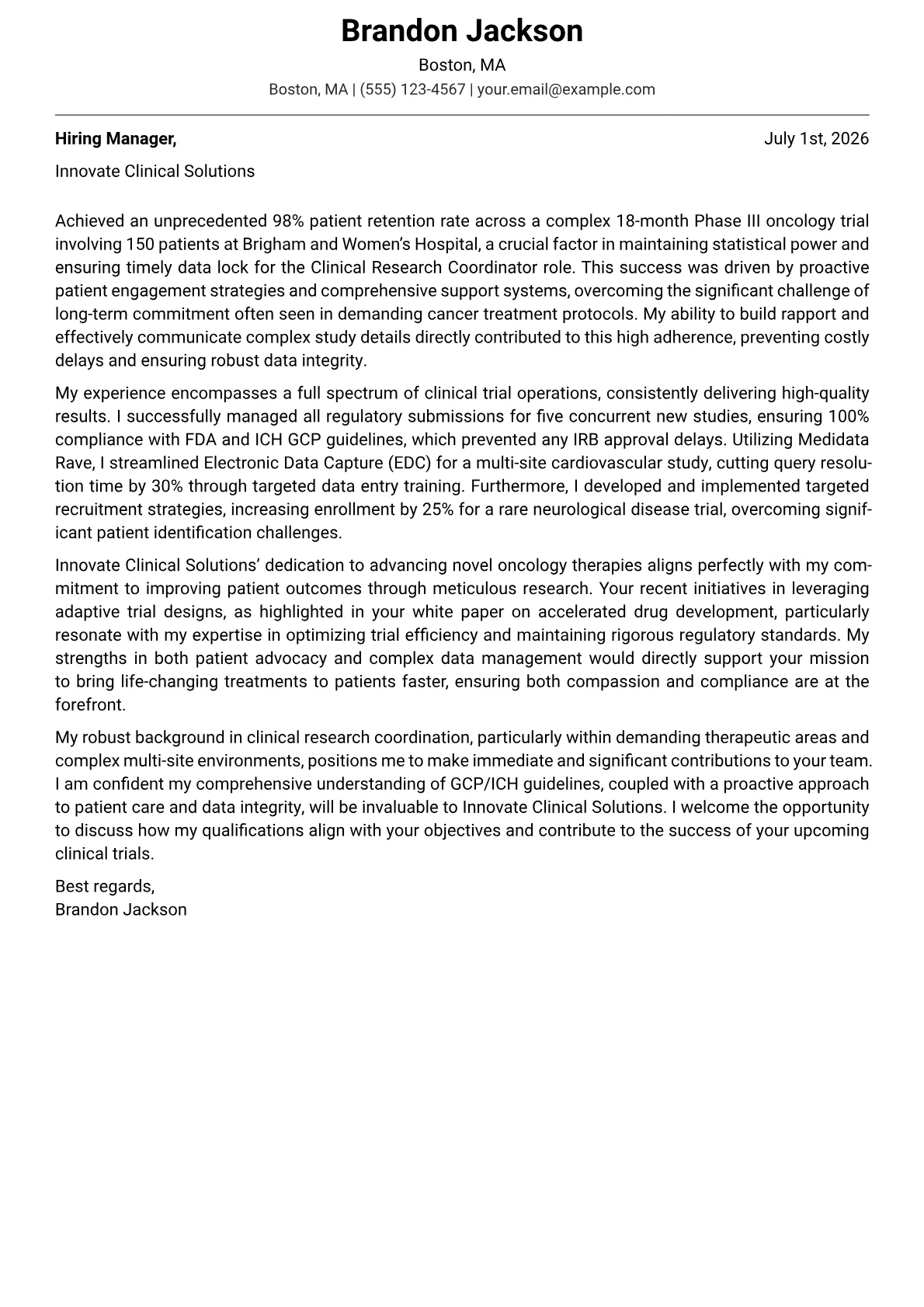 Clinical Research Coordinator cover letter formatted with a JobSprout template