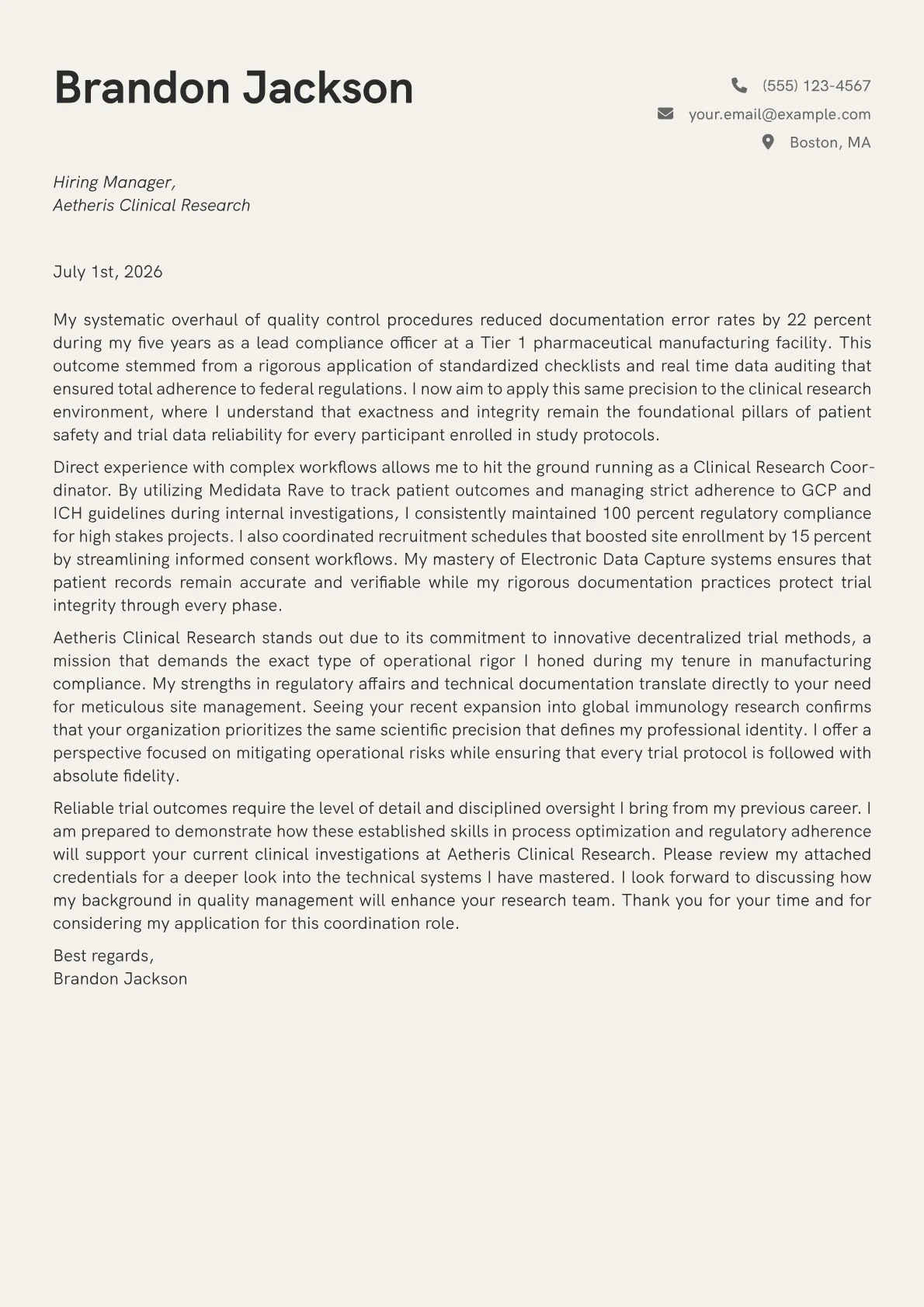 Clinical Research Coordinator cover letter in the Creative design