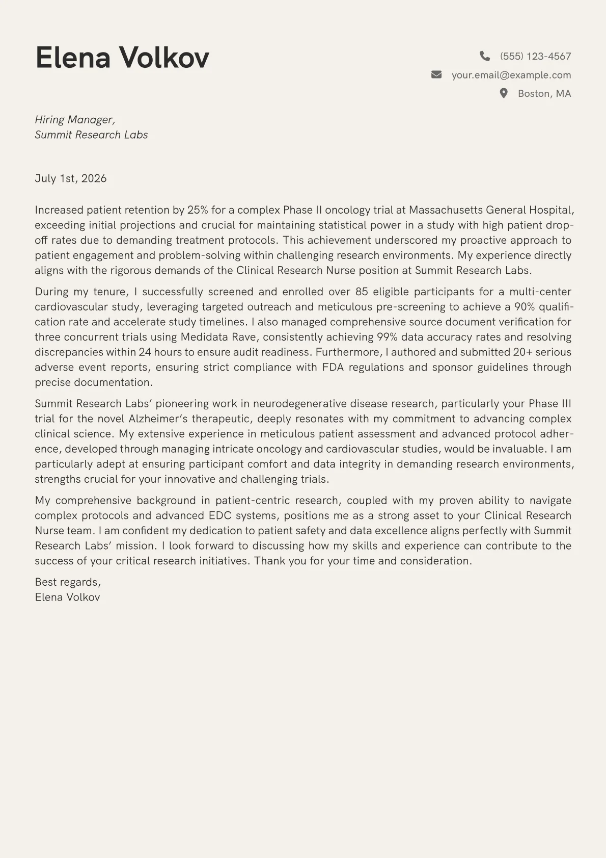 Clinical Research Nurse cover letter formatted with a JobSprout template