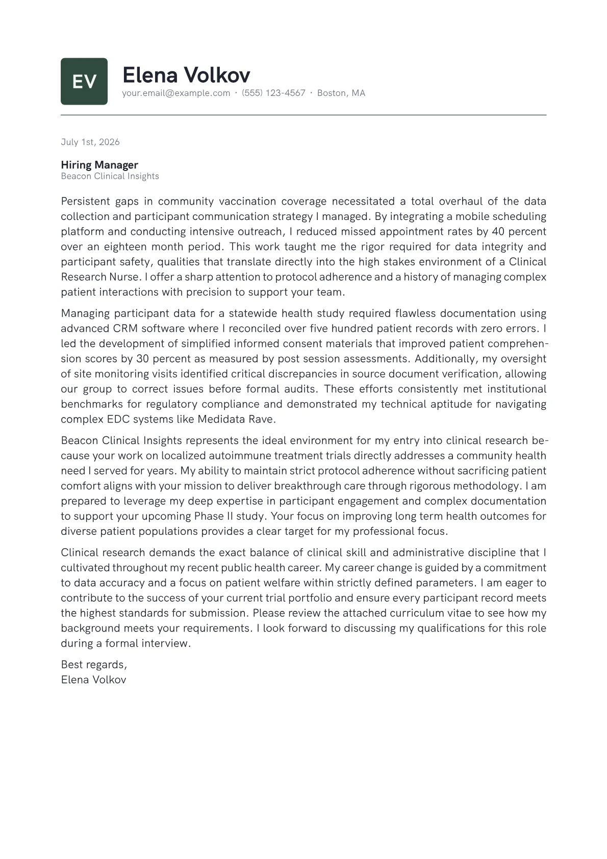 Clinical Research Nurse cover letter in the Emblem design