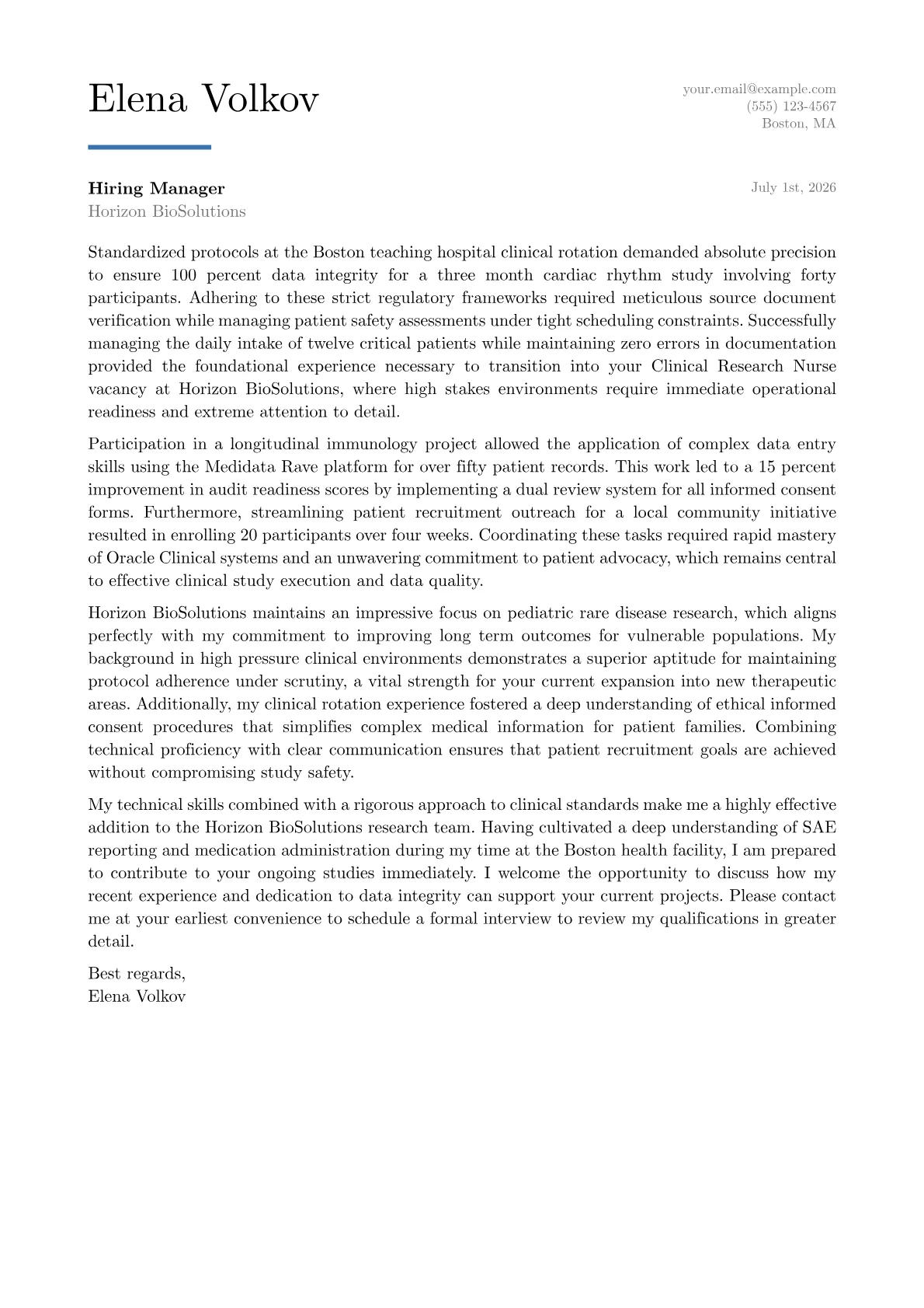 Clinical Research Nurse cover letter in the Executive design