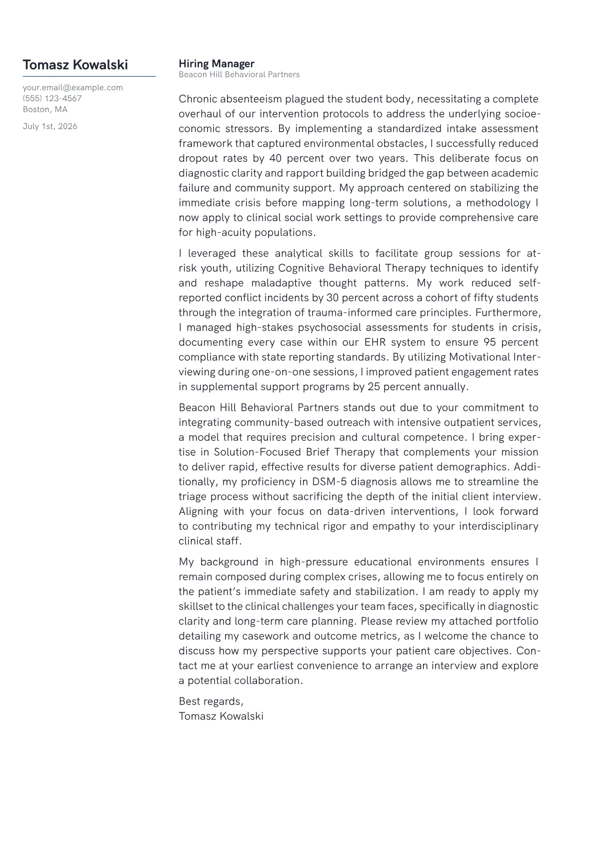 Clinical Social Worker cover letter in the Margin design