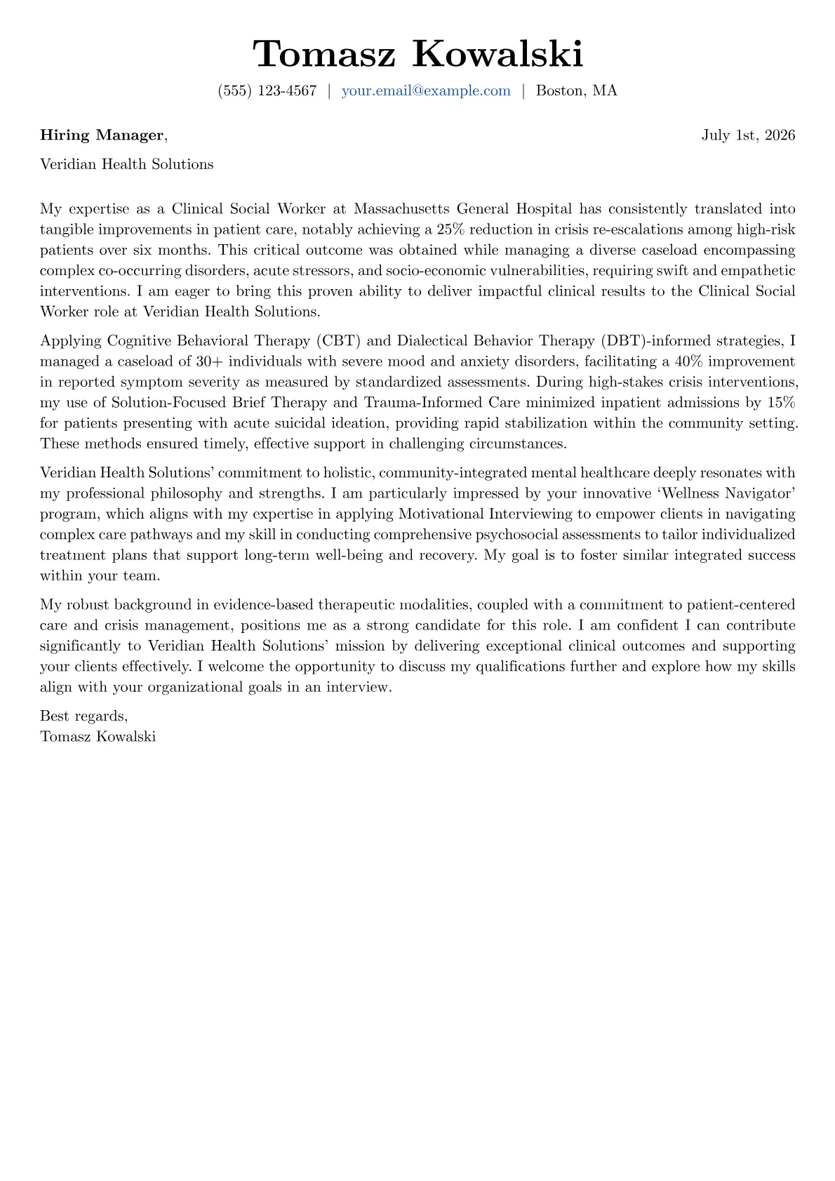 Clinical Social Worker cover letter formatted with a JobSprout template