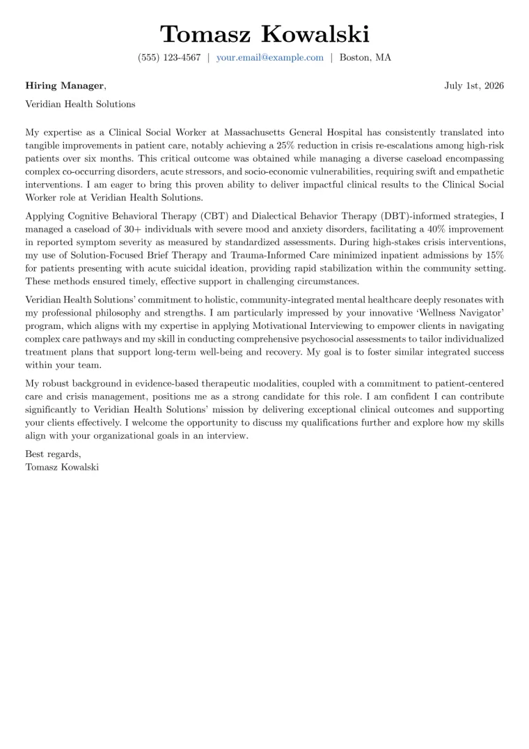 Clinical Social Worker cover letter example preview