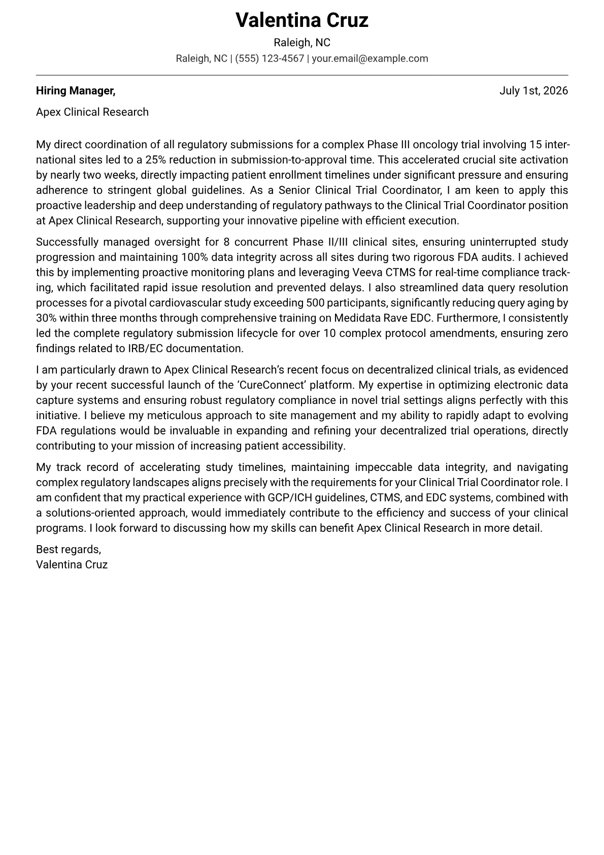 Clinical Trial Coordinator cover letter formatted with a JobSprout template