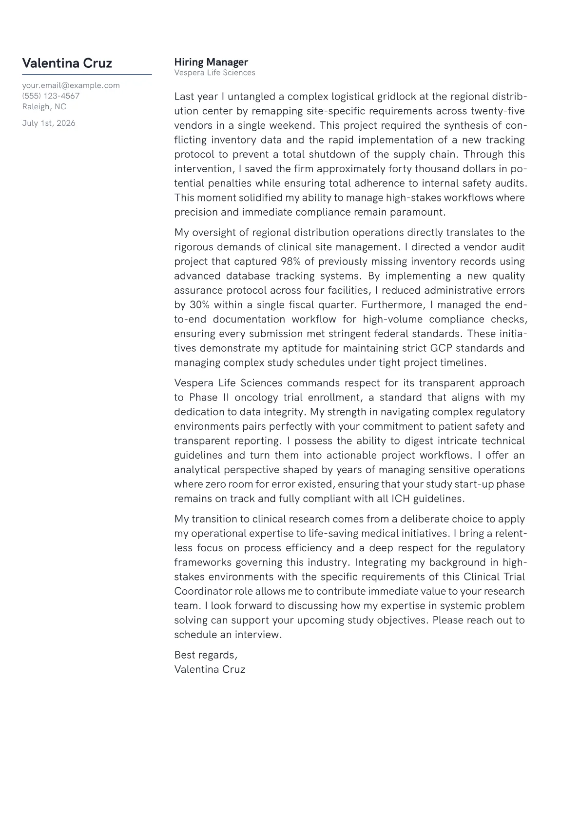 Clinical Trial Coordinator cover letter in the Margin design