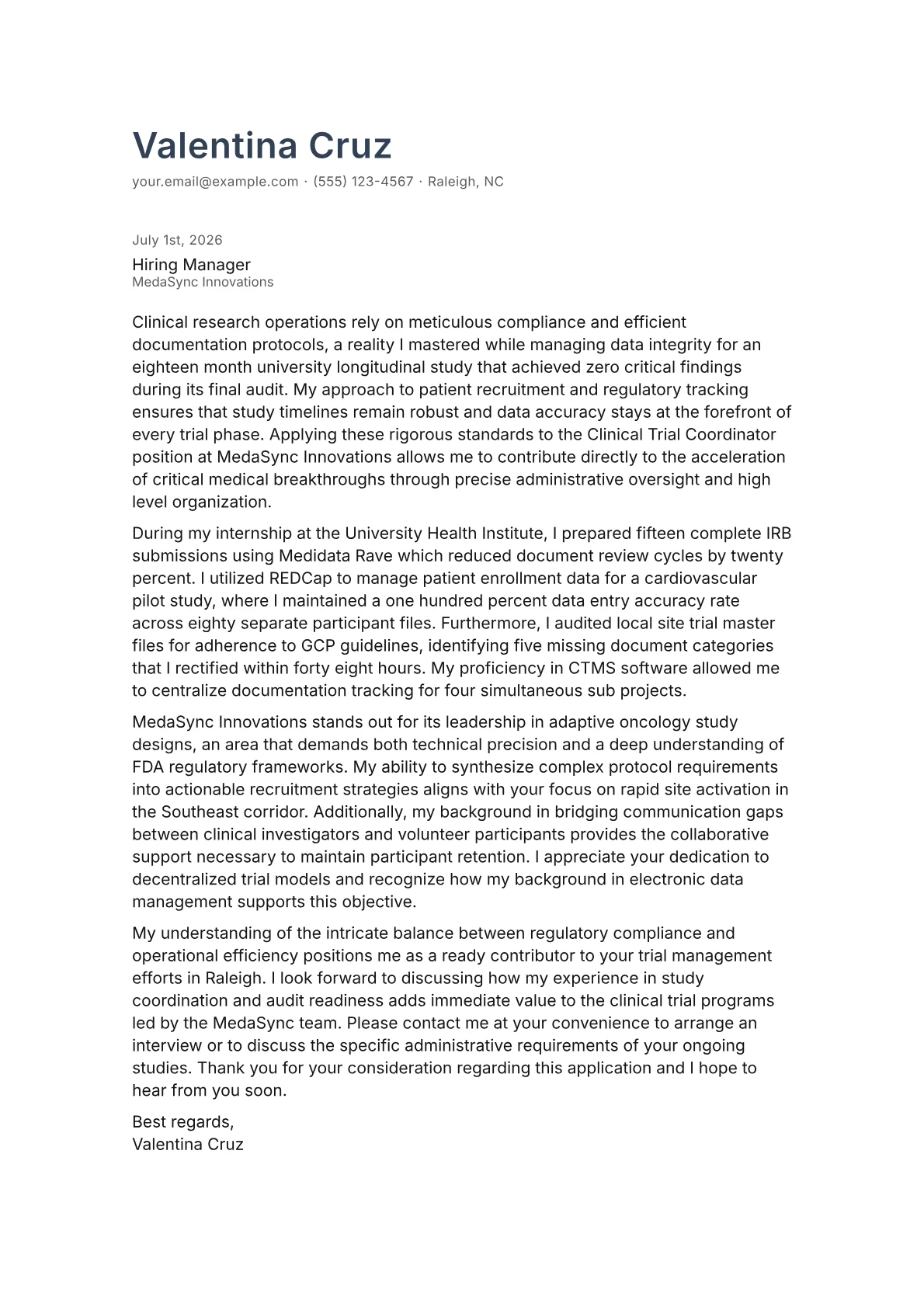 Clinical Trial Coordinator cover letter in the Minimal design