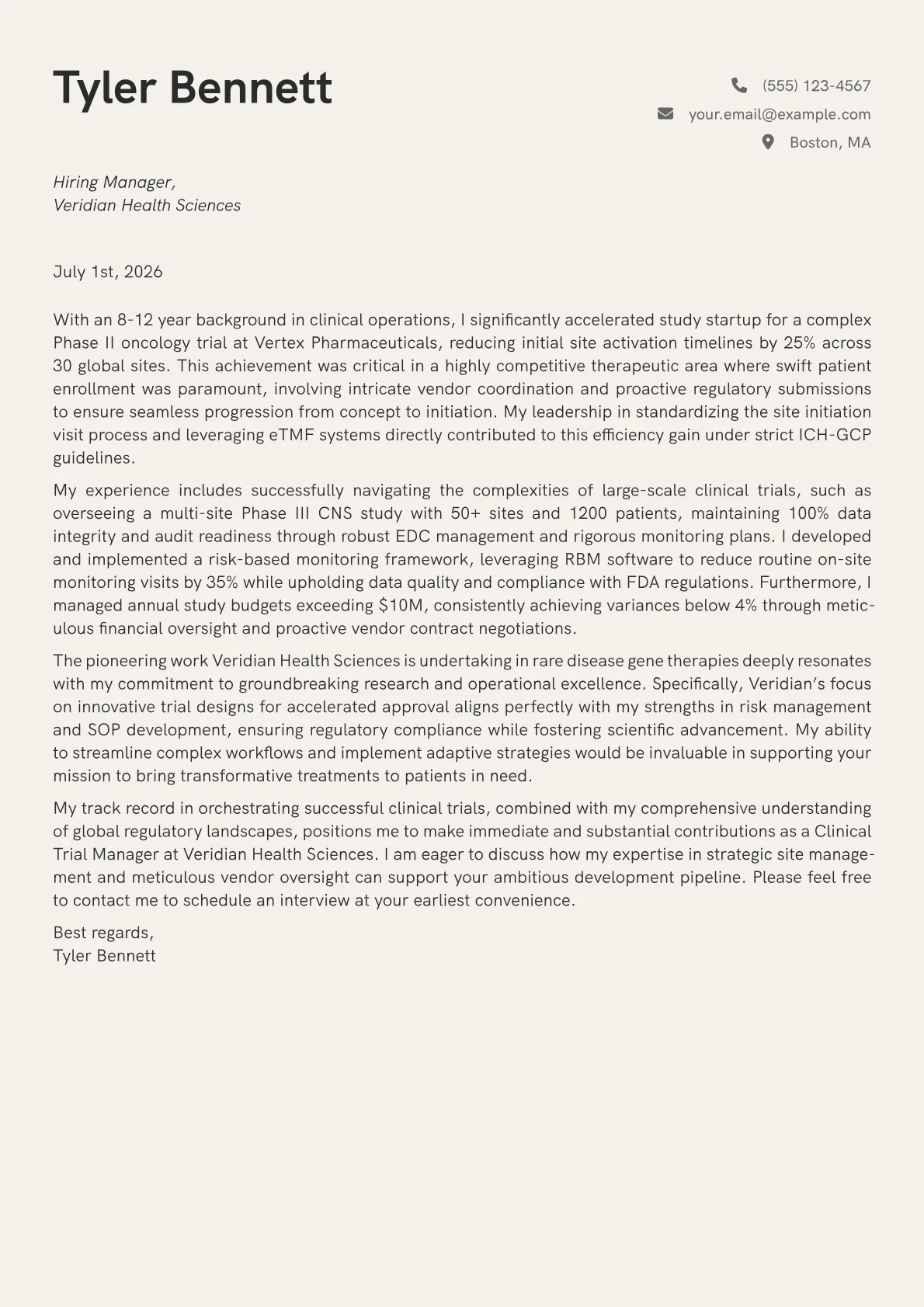 Clinical Trial Manager cover letter formatted with a JobSprout template