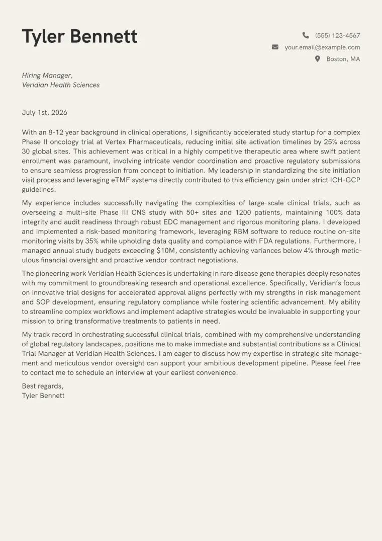 Clinical Trial Manager Cover Letter Example