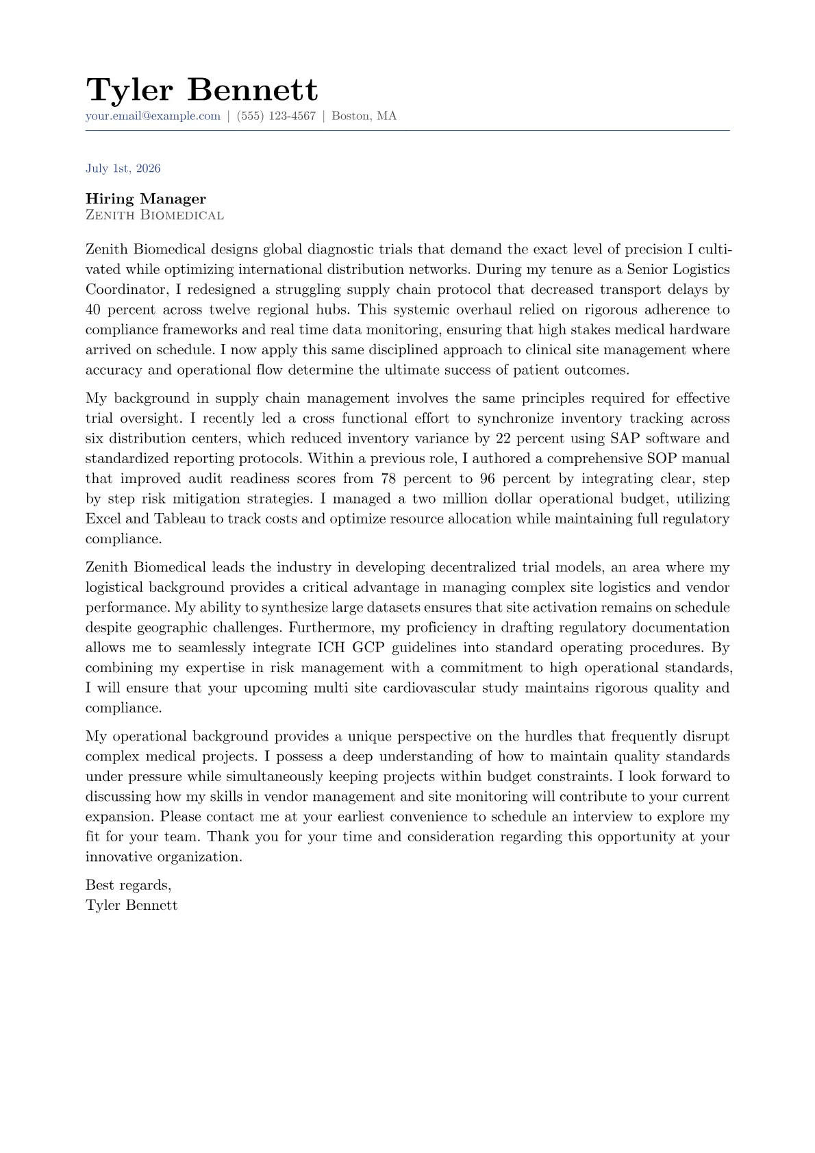 Clinical Trial Manager cover letter in the Classic design