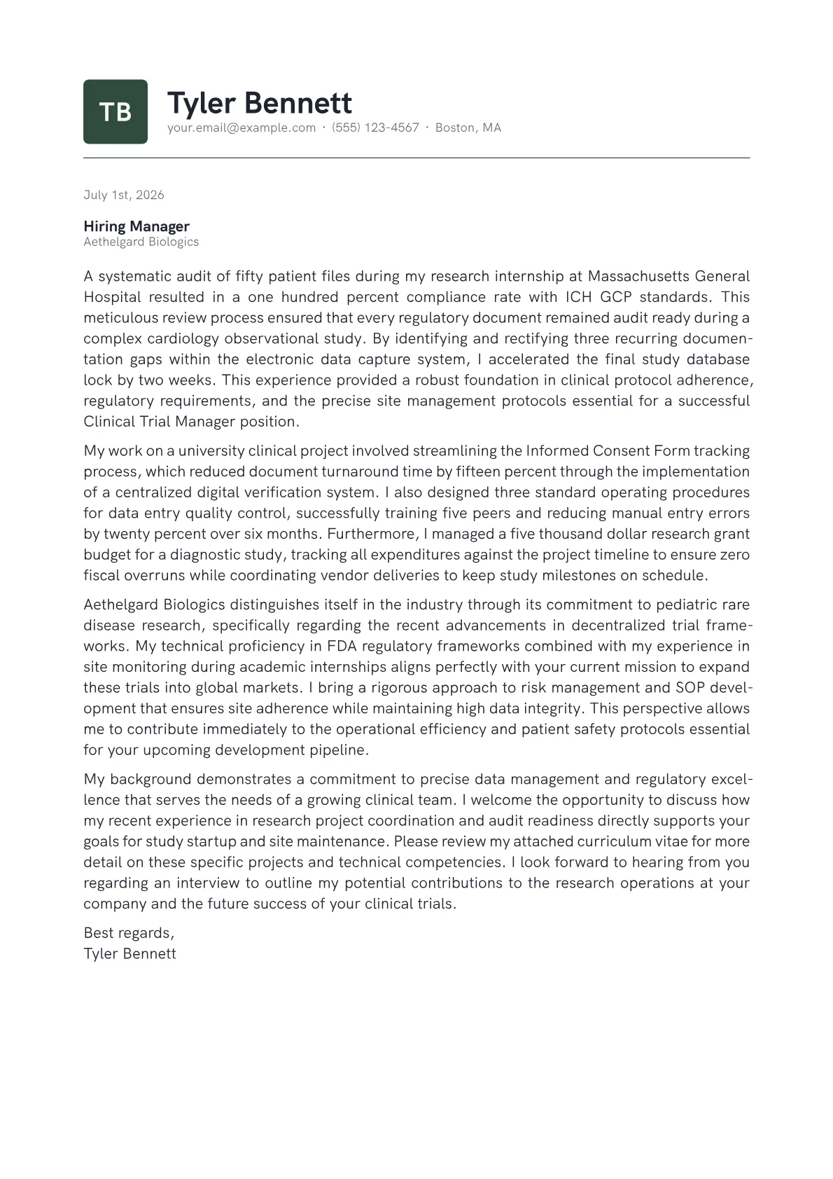 Clinical Trial Manager cover letter in the Emblem design