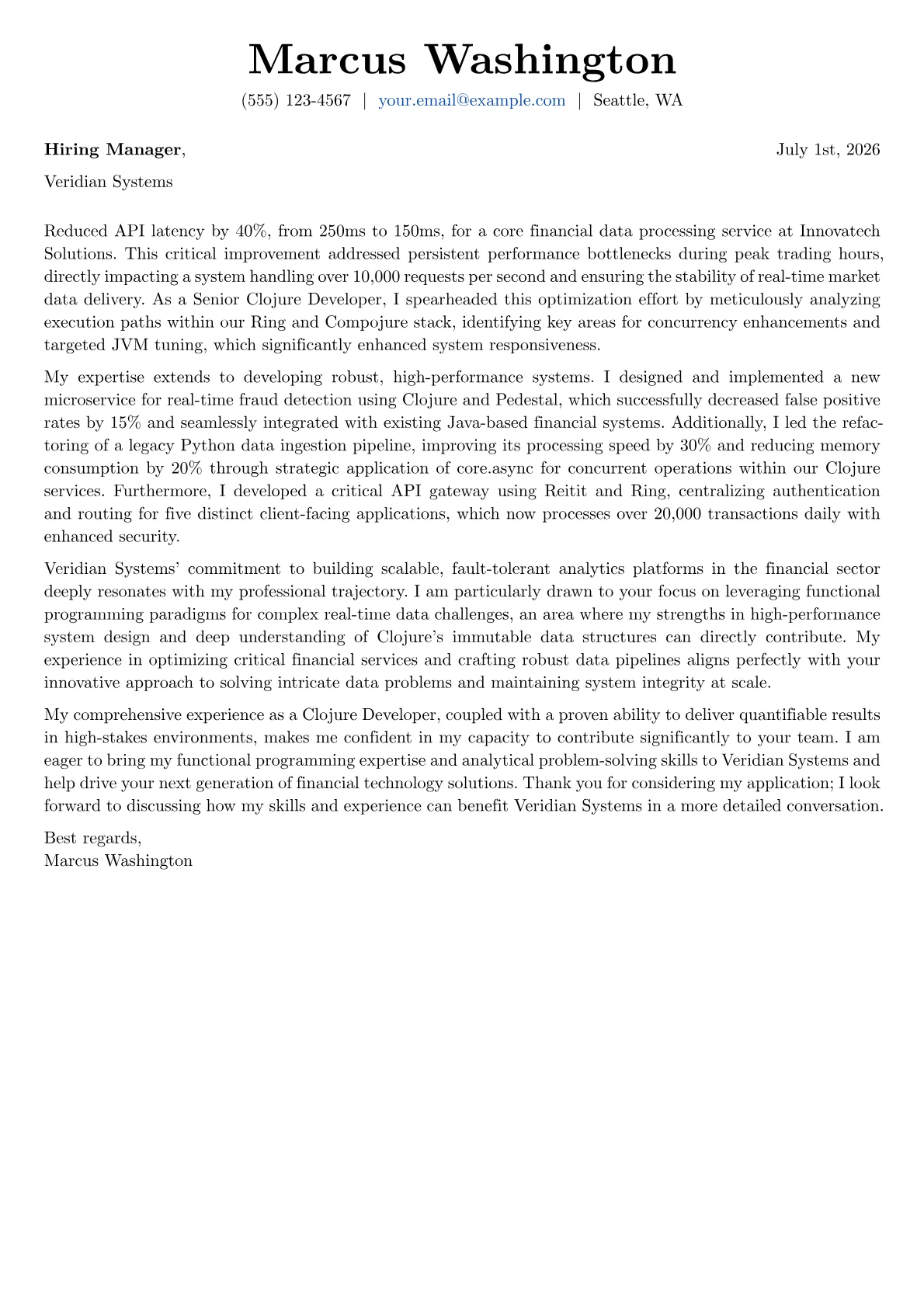 Clojure Developer cover letter formatted with a JobSprout template