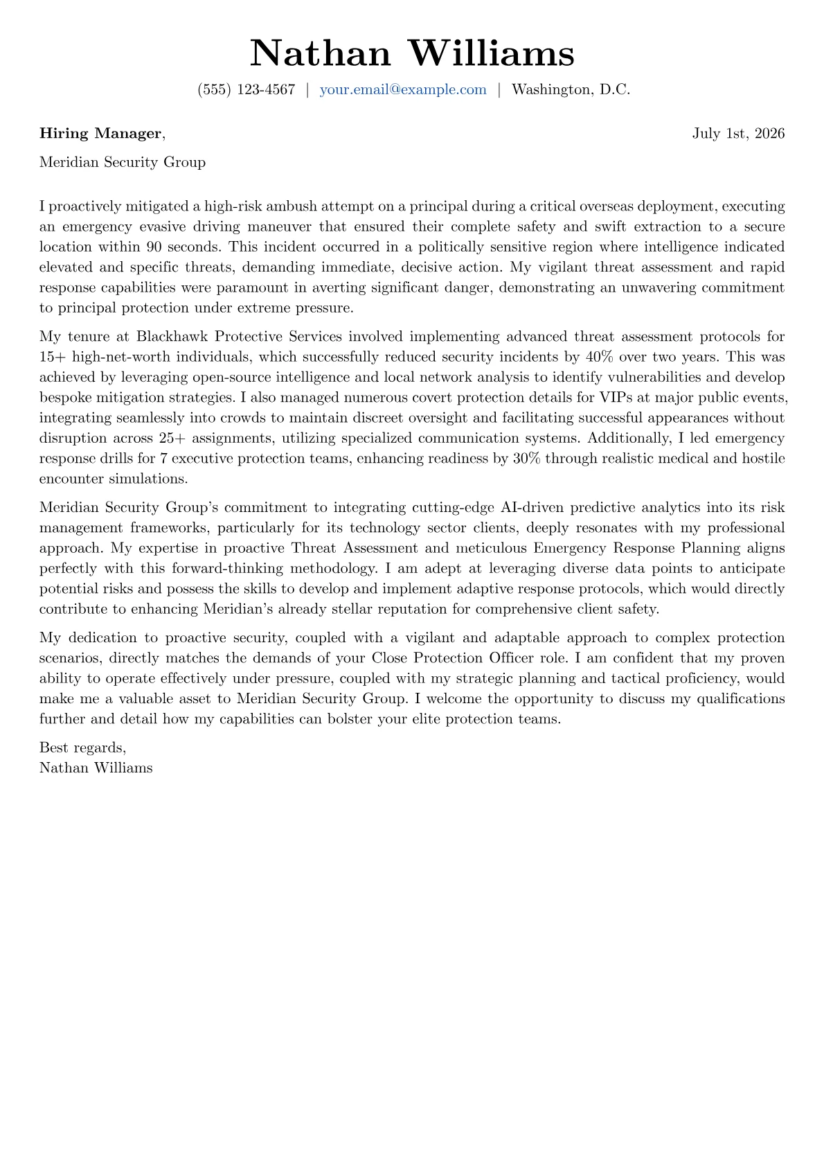 Close Protection Officer cover letter formatted with a JobSprout template