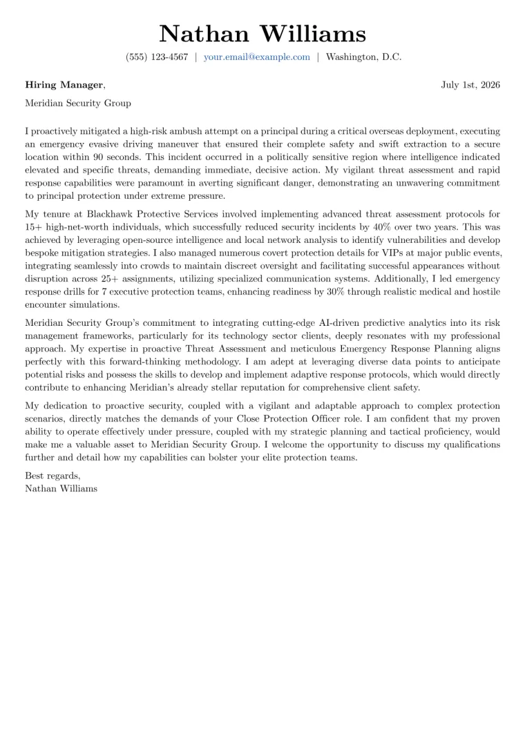 Close Protection Officer Cover Letter Example