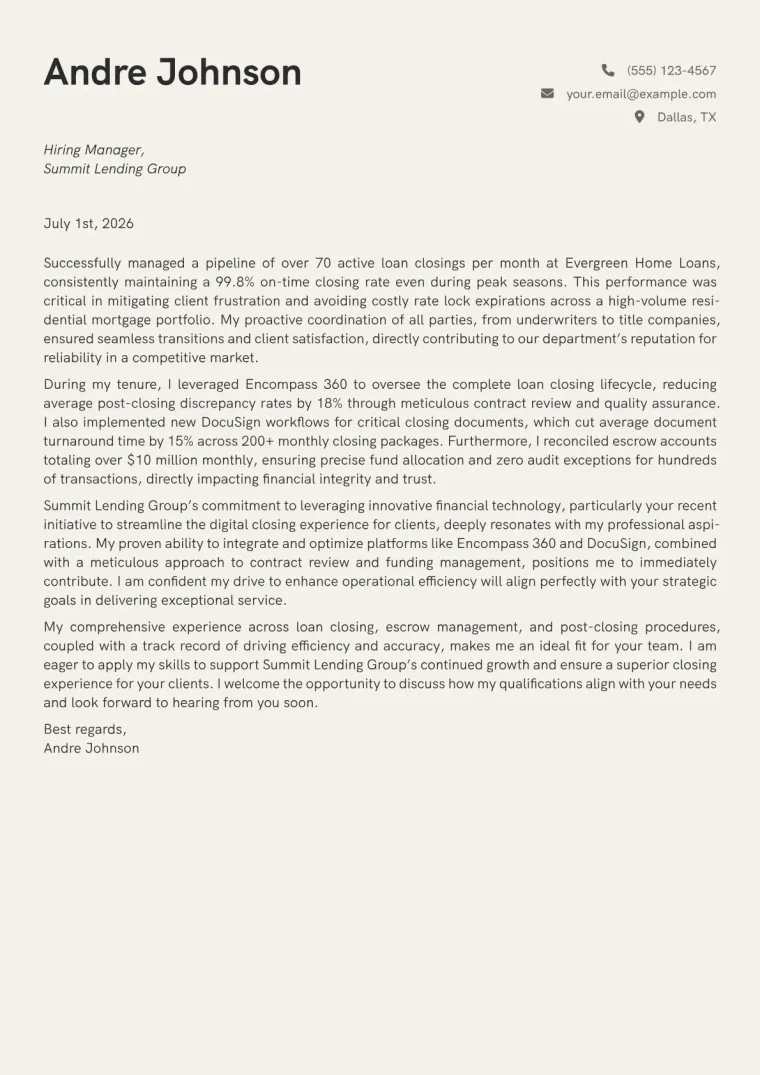 Closing Coordinator Cover Letter Example