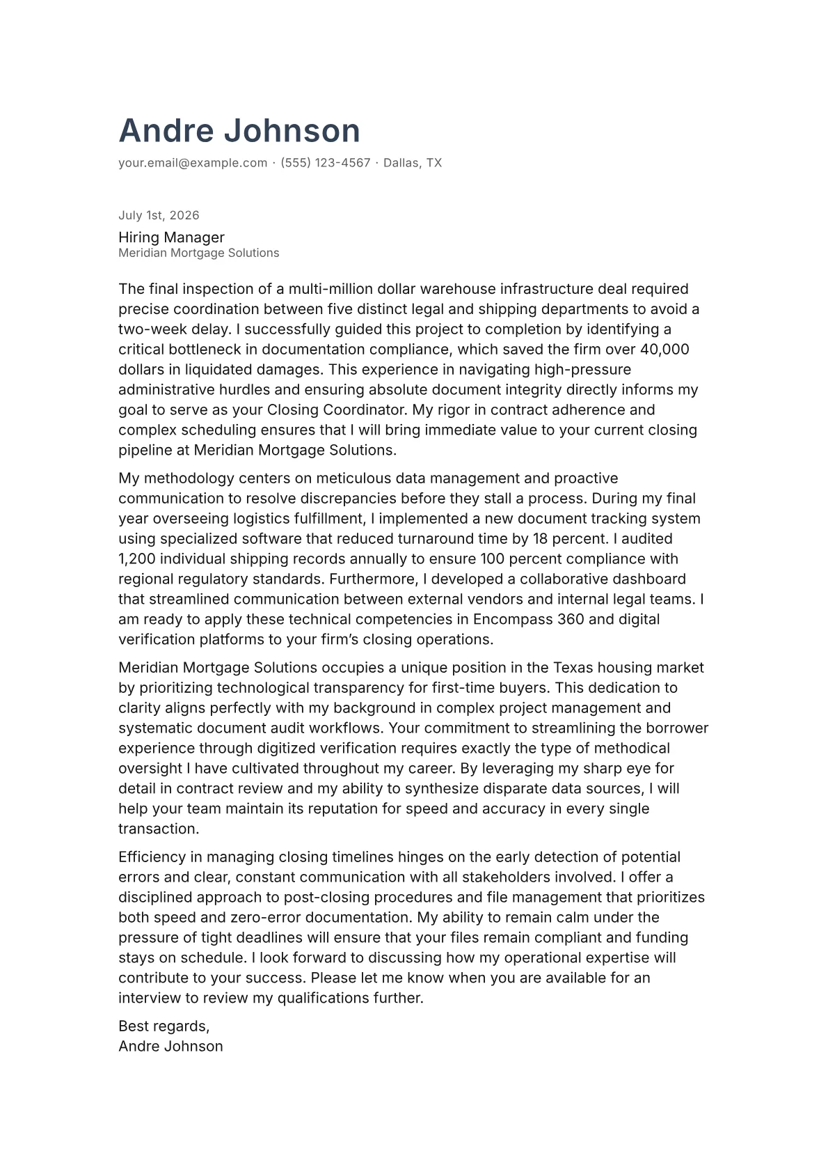 Closing Coordinator cover letter in the Minimal design