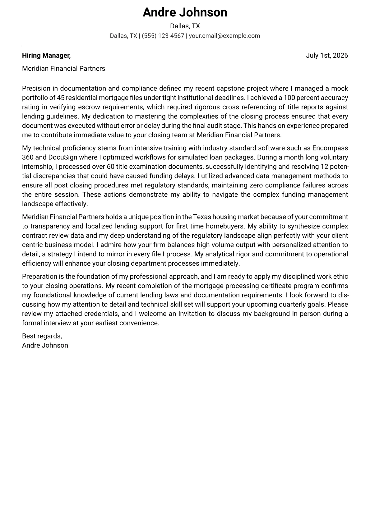 Closing Coordinator cover letter in the Modern design