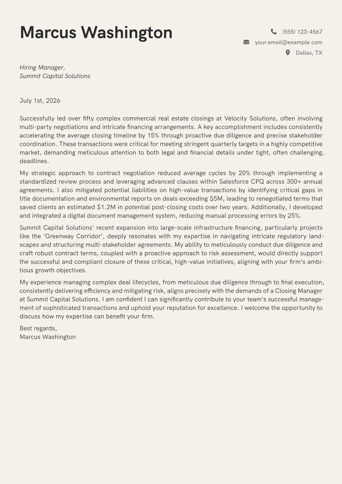 Closing Manager cover letter formatted with a JobSprout template