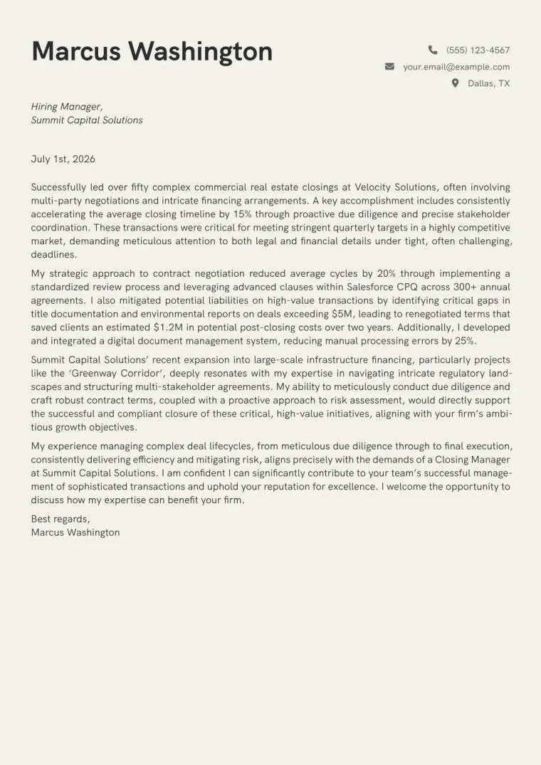 Closing Manager Cover Letter Example