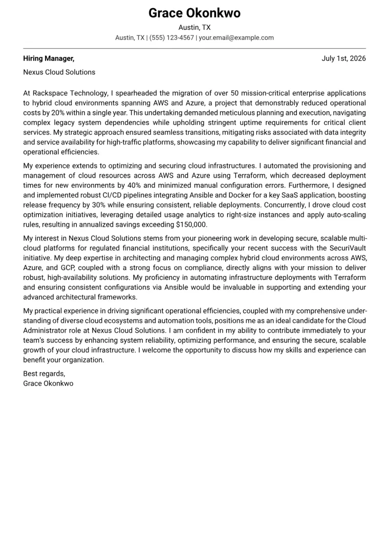 Cloud Administrator cover letter example preview