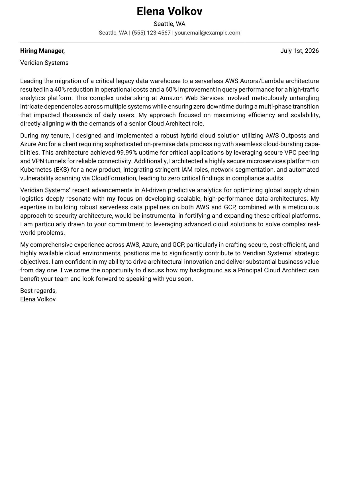 Cloud Architect cover letter formatted with a JobSprout template