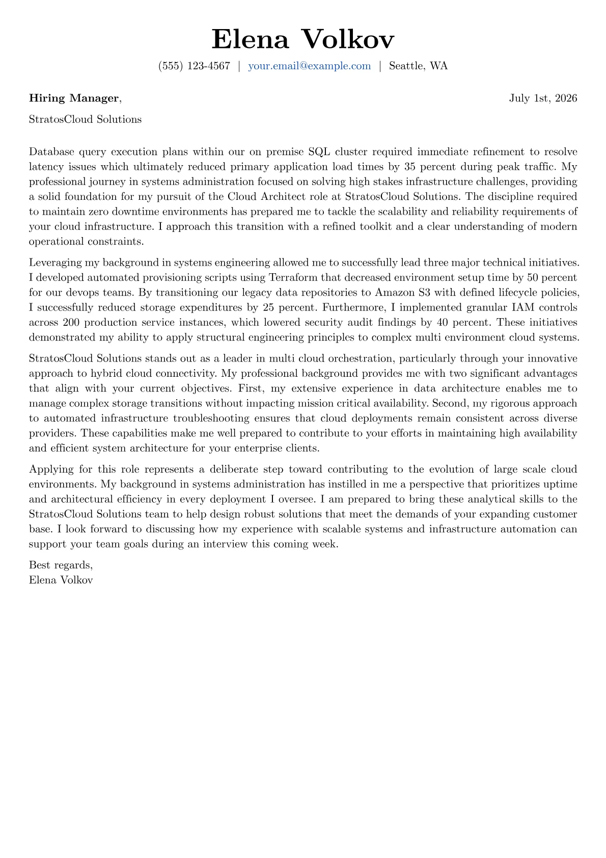 Cloud Architect cover letter in the Basic design
